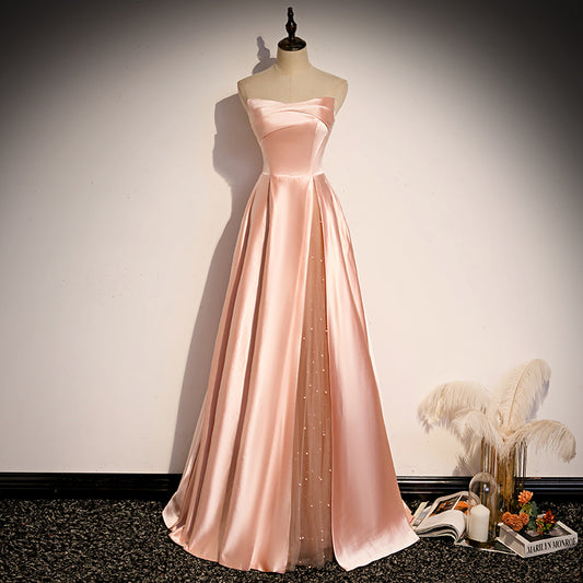 Pink satin long A line prom dress evening dress  8984