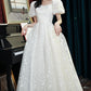 Sweet A line sequins long prom dress white evening dress  8675