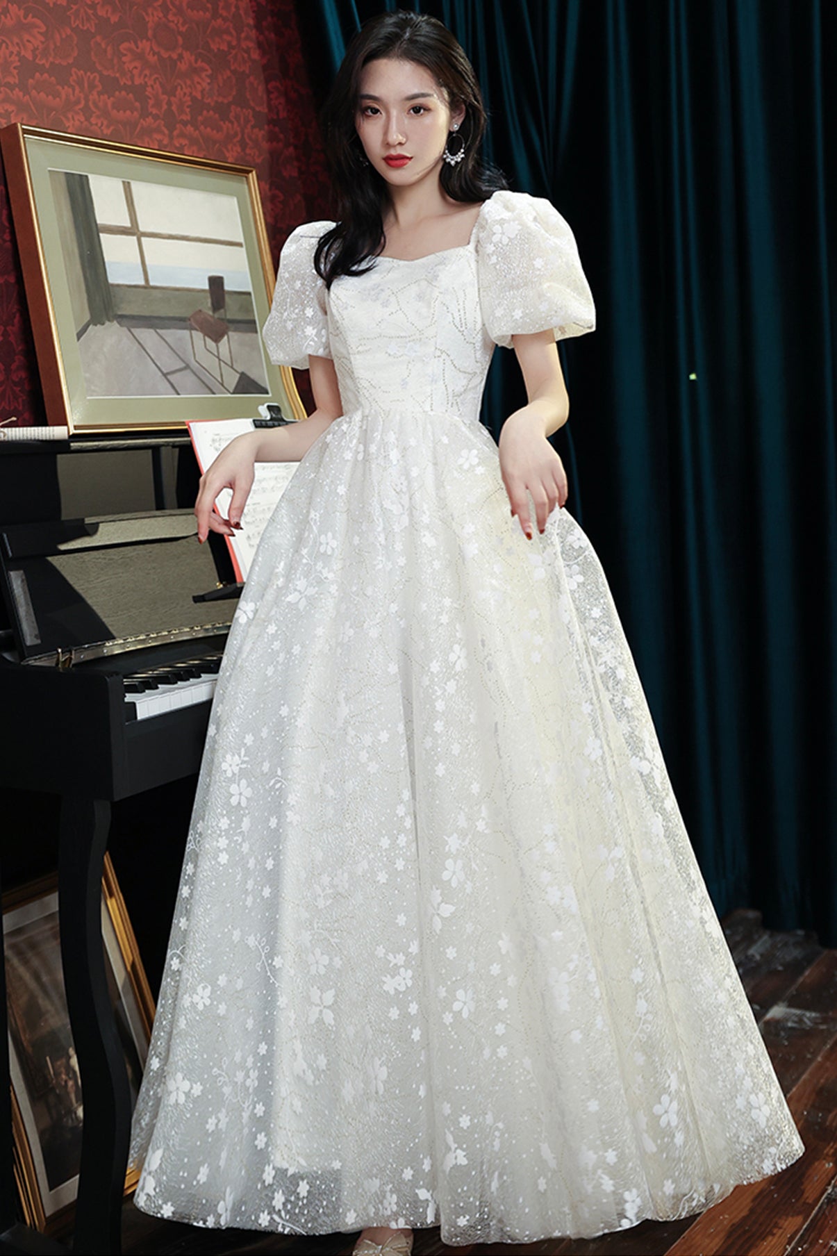 Sweet A line sequins long prom dress white evening dress  8675