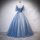 Blue v neck tulle lace long prom dress formal gown  8214