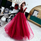 Burgundy velvet tulle long prom dress party dress  8193