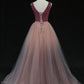 Shiny v neck tulle long prom gown formal dress  8602