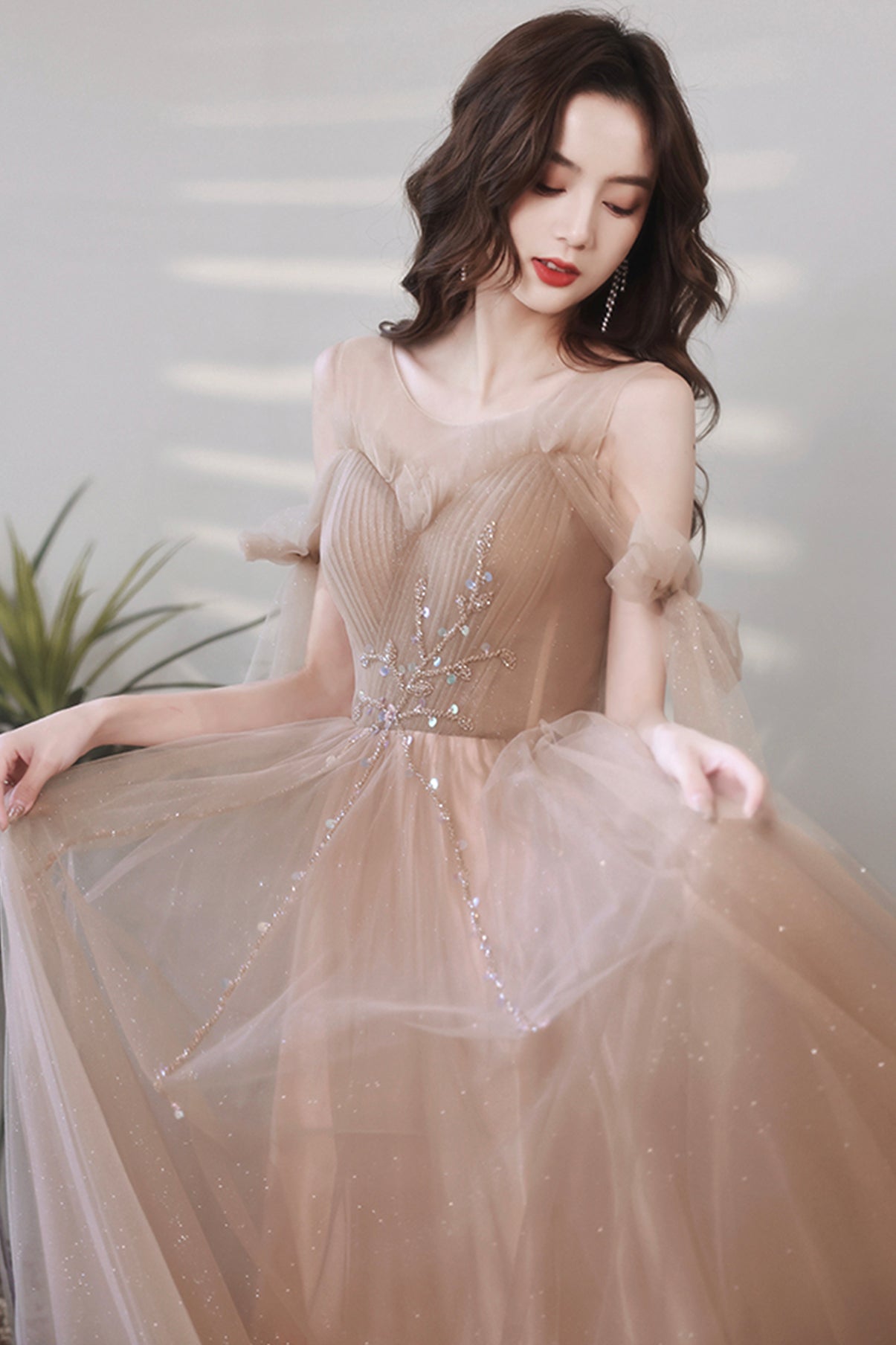 Cute tulle long A line prom dress evening dress  8667