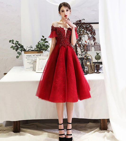 Burgundy lace short prom dress party dress  8527