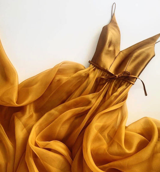 Gold v neck chiffon long prom dress gold evening dress  8621