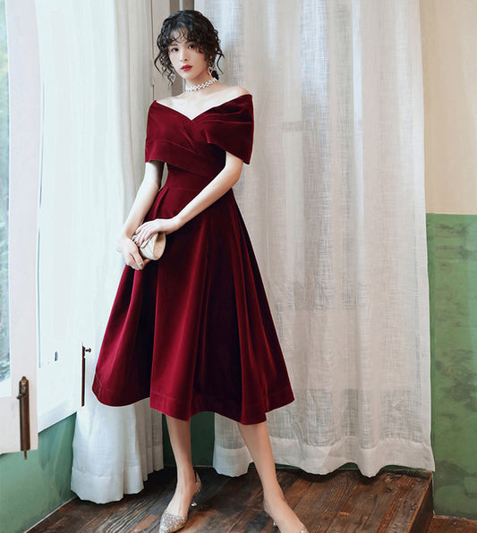 Burgundy velvet short prom dress party dress  8403