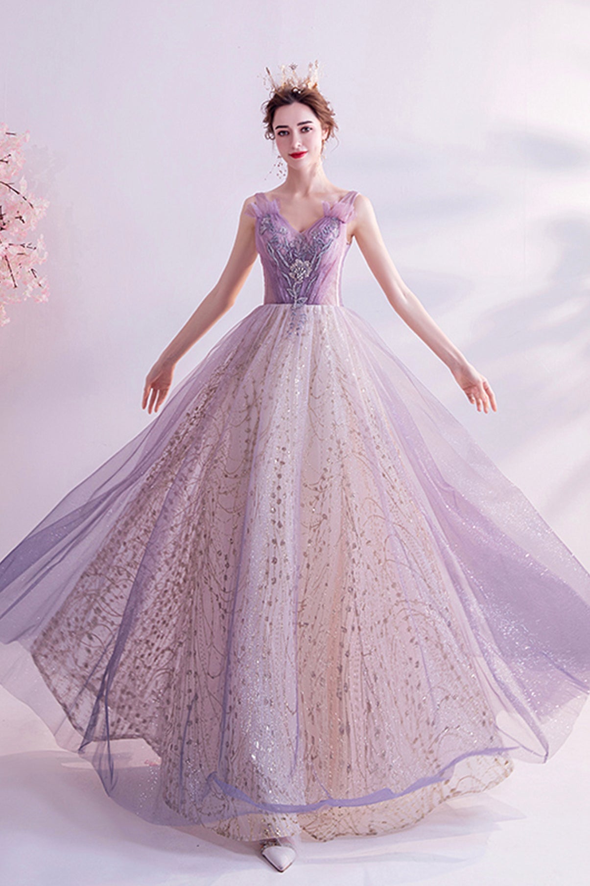 Purple tulle long A line prom dress evening dress  8739