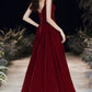 Burgundy velvet long A line prom dress evening dress  8699