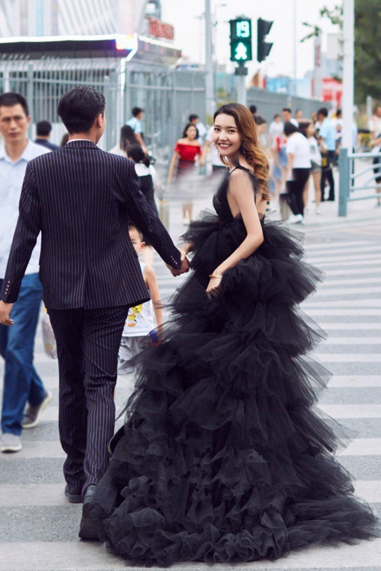 Black tulle long prom dress party dress  8292