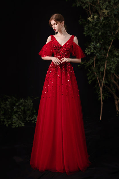 Red tulle sequins long A line prom dress red evening dress  8737