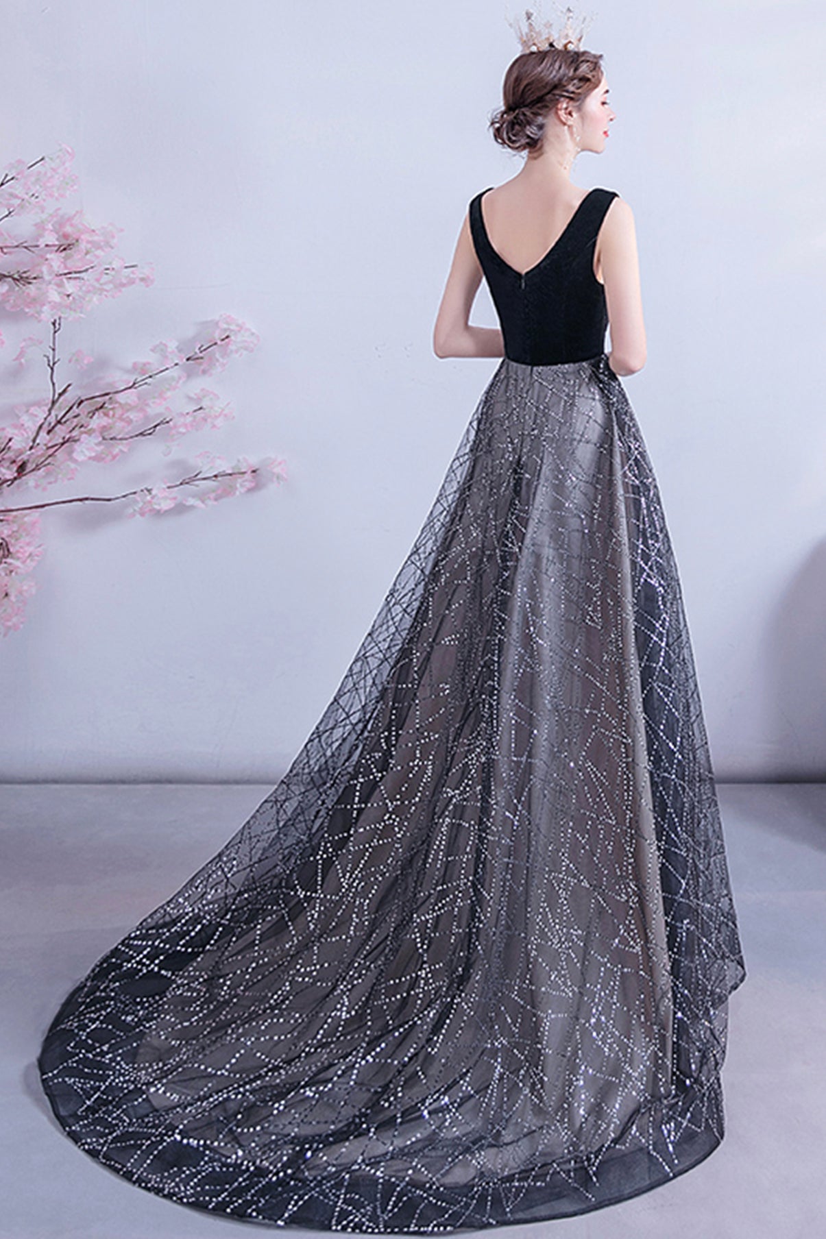 Black tulle sequins long A line prom dress evening dress  8731