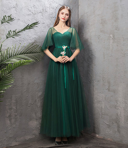 Green tulle long A line prom dress green evening dress  8868