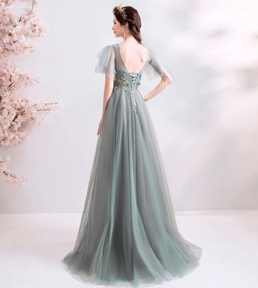 Elegantes V-Ausschnitt-Spitzen-Abschlussballkleid-Abendkleid 8531
