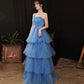 Blue tulle long A line prom dress blue evening dress  8906