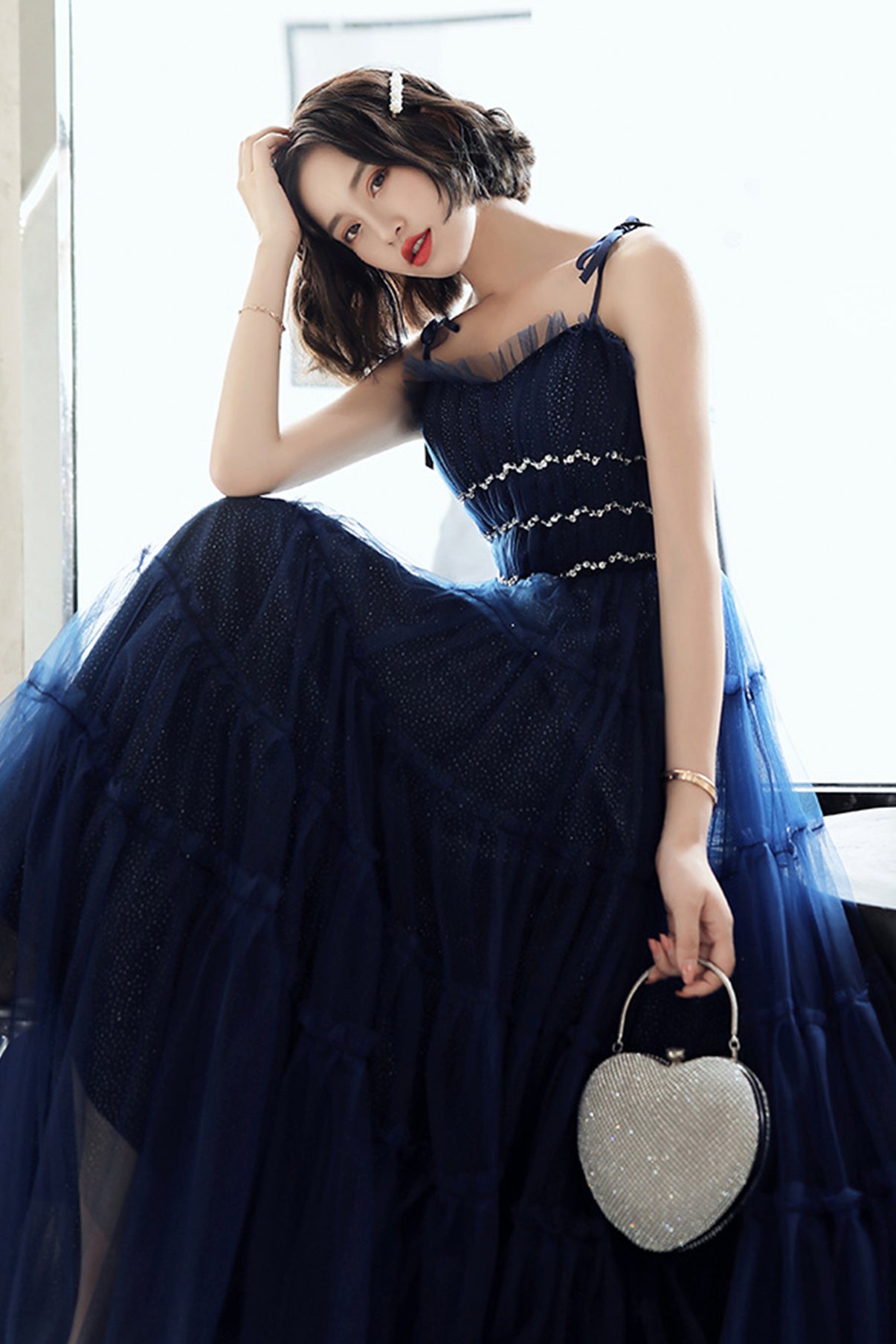 Blue tulle long A line prom dress blue evening dress  8741