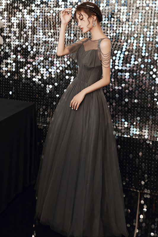 Gray tulle long A line prom dress evening dress  8672