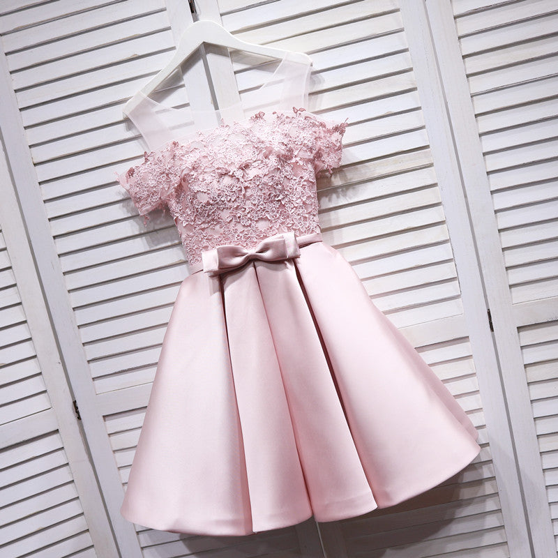 Pink satin lace short prom dress  8210