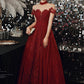 Burgundy tulle beads long A line prom dress evening dress  8761