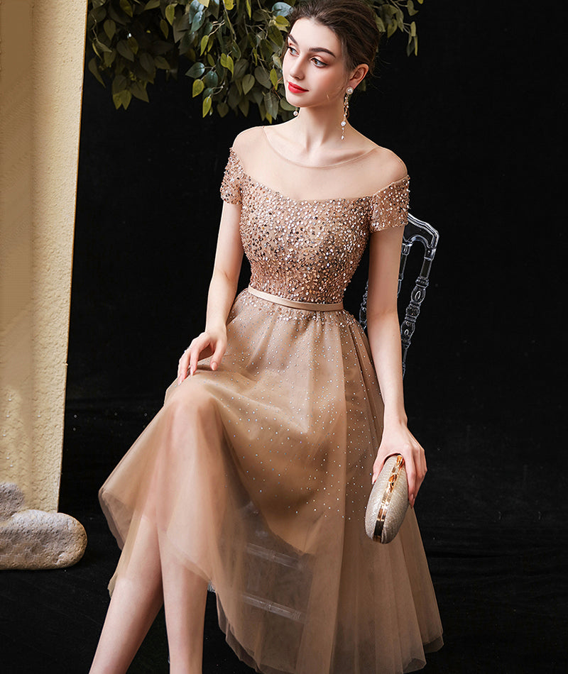 Gold tulle beads short prom dress party dress  8491