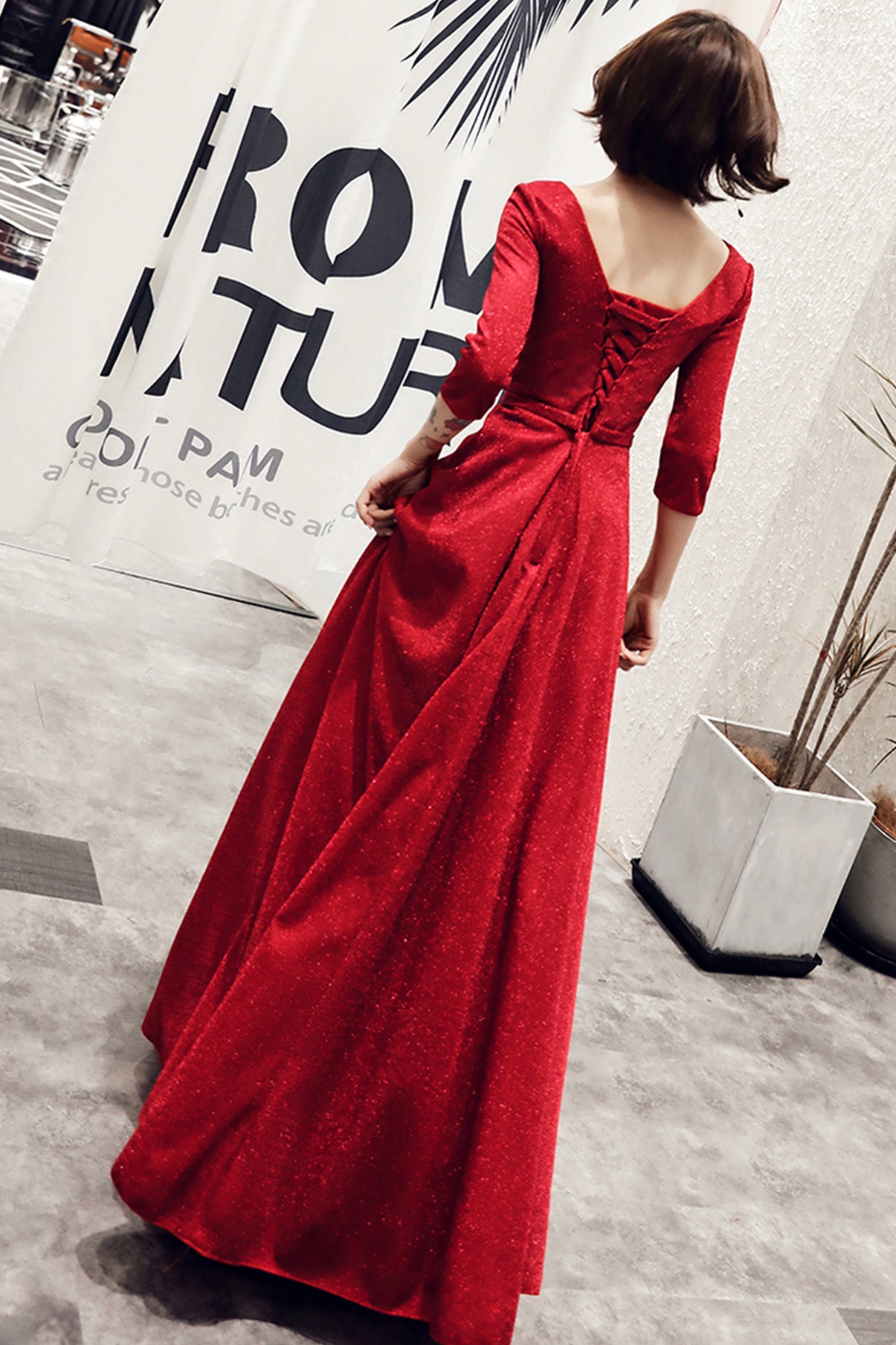 Burgundy v neck long A line prom dress evening dress  8758