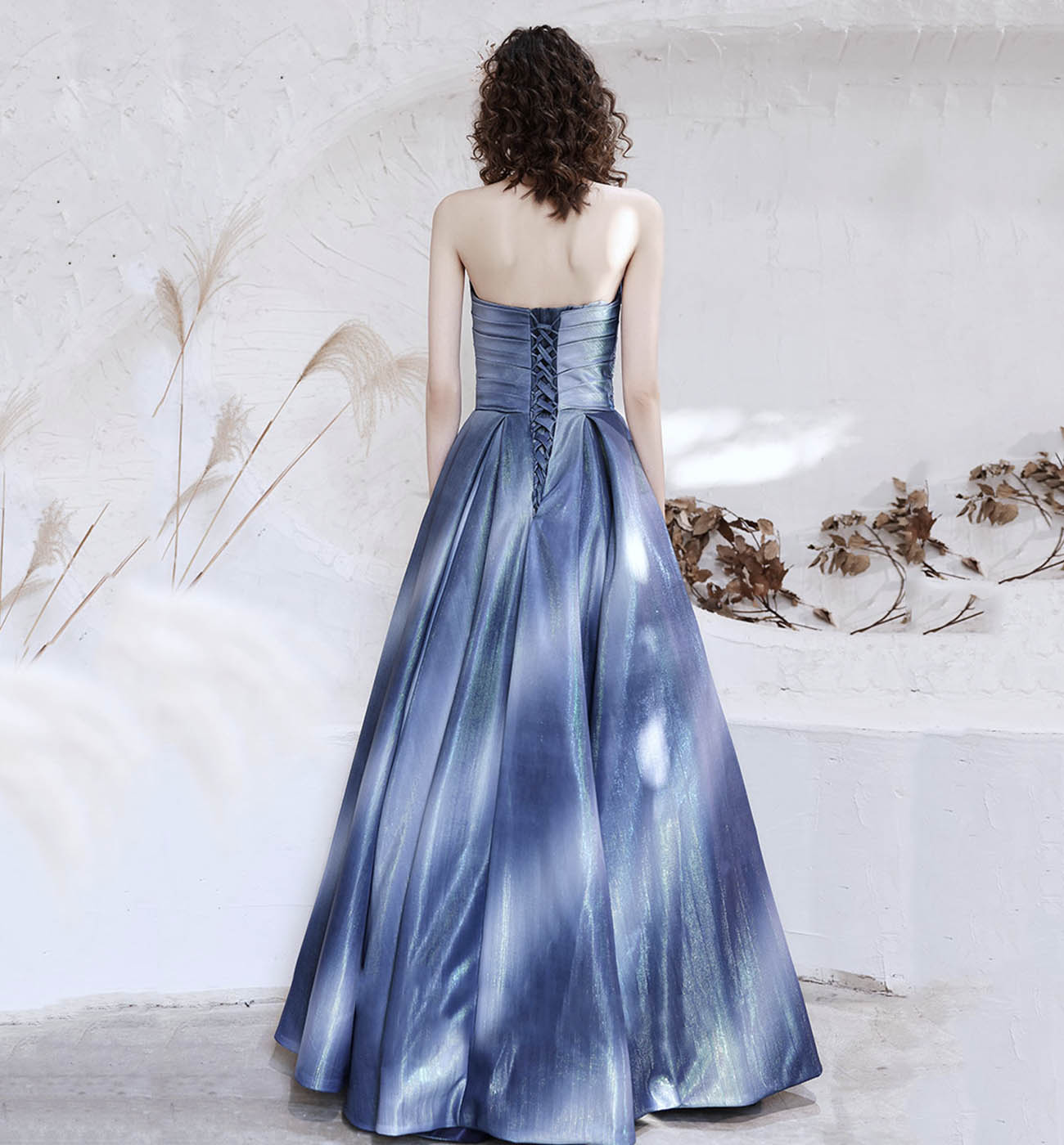 Unique satin long prom dress blue evening dress  8611