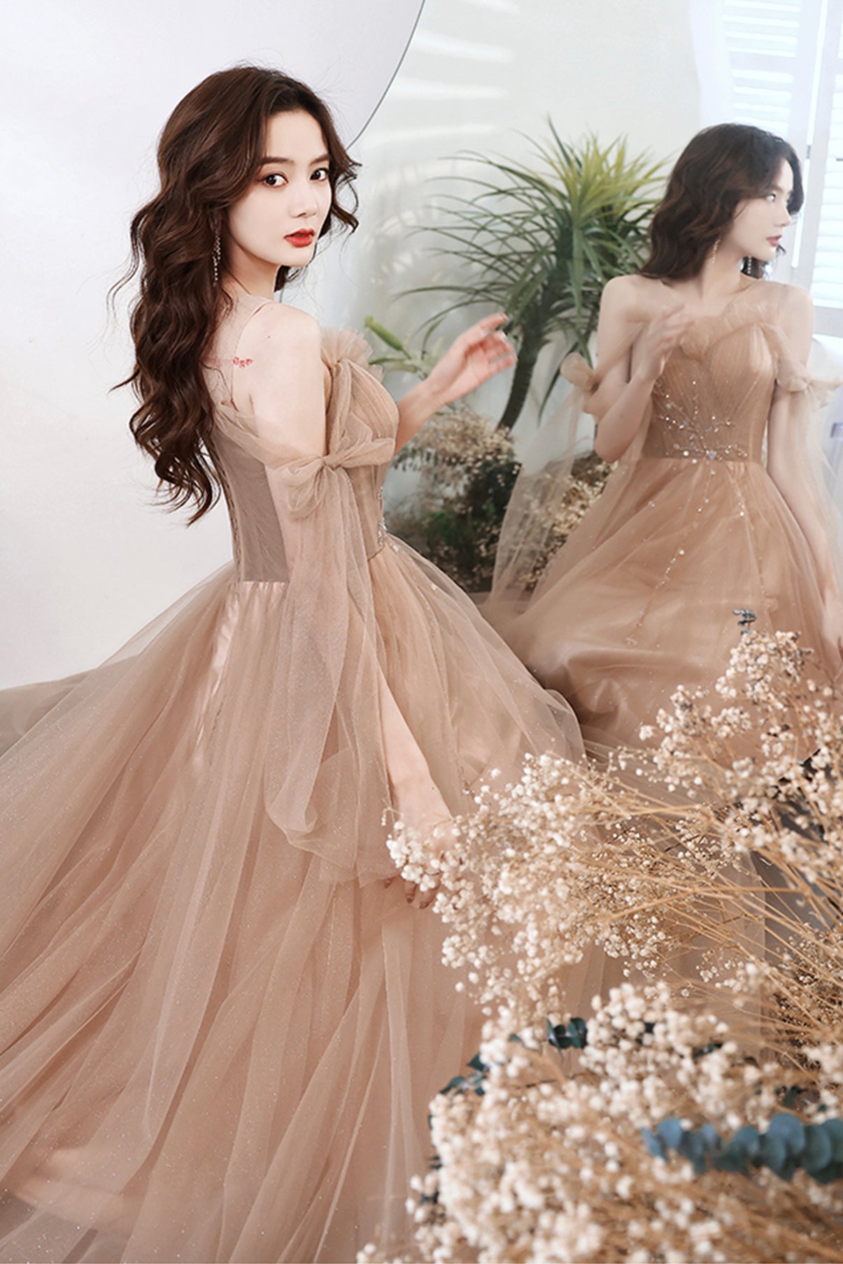 Cute tulle sequins long A line prom dress evening dress  8705