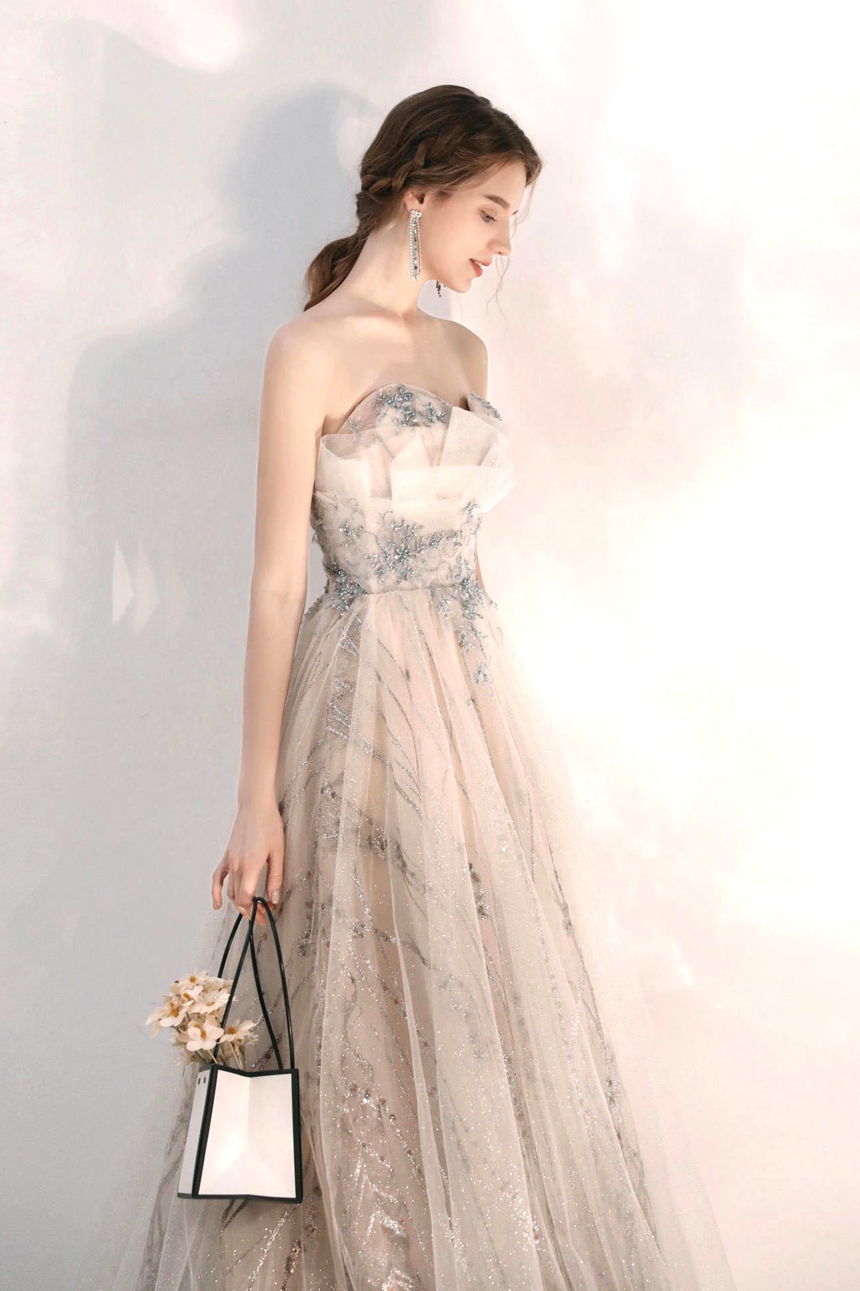 Champagne tulle sequins long A line prom dress  8574