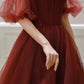 Burgundy tulle long prom dress A line evening dress  8579