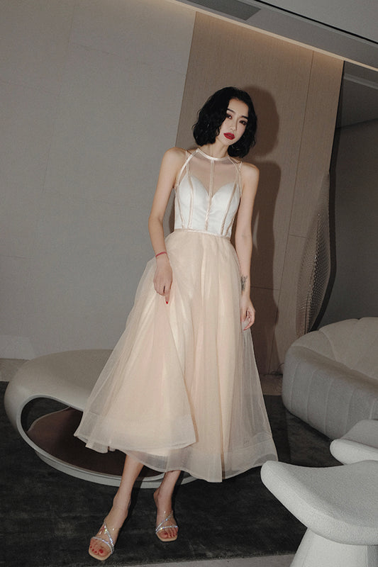 Cute tulle see through short prom dress champagne evening dress  8674