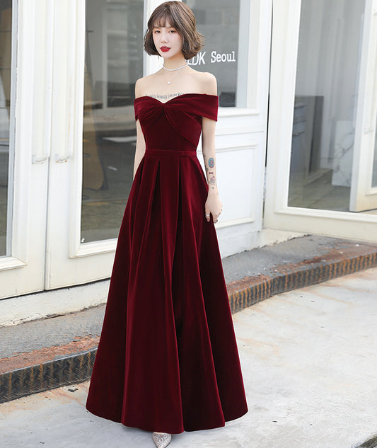 Burgundy velvet long prom dress evening dress  8406