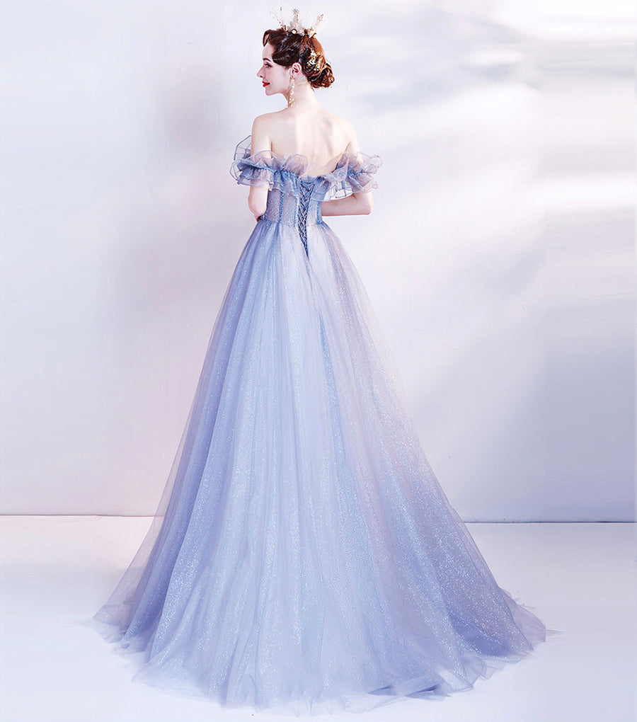 Blue tulle sequins long ball gown dress formal dress  8543
