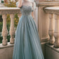 Blue tulle beads long A line prom dress evening dress  8789