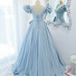 Blue saitn long A line prom dress blue evening dress  8840
