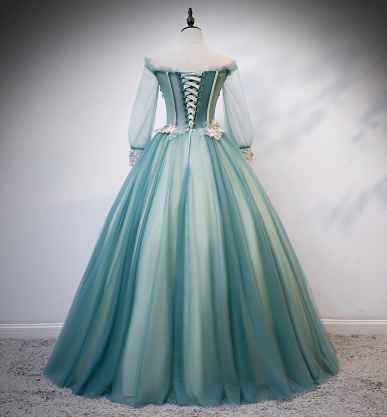 Grünes Tüll-Spitzen-Ballkleid-Kleid, langes formelles Kleid 8617