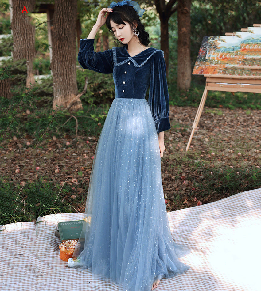 Langes Ballkleid aus blauem Samt-Tüll blaues Abendkleid 8533