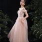 Pink tulle long A line prom dress pink evening dress  8891