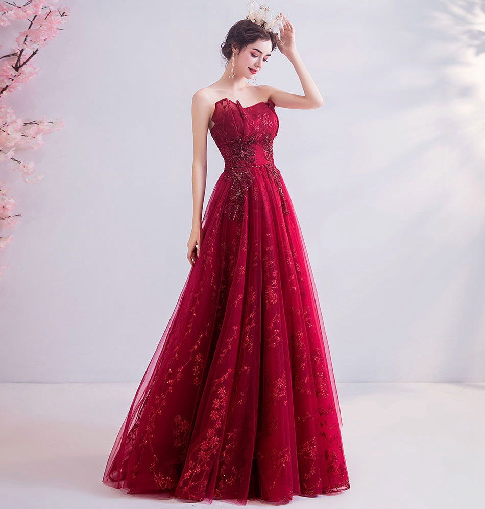 Burgundy lace long prom dress evening dress  8202