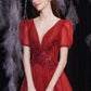 Red v neck tulle long A line prom dress evening dress  8738
