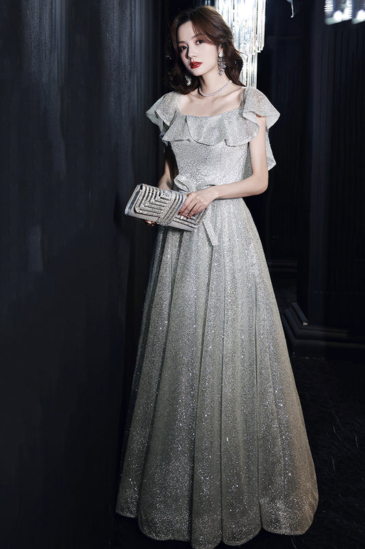 Langes Ballkleid mit silbernen Pailletten, glänzendes Abendkleid 8509