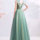 Green tulle long A line prom dress evening dress  8709