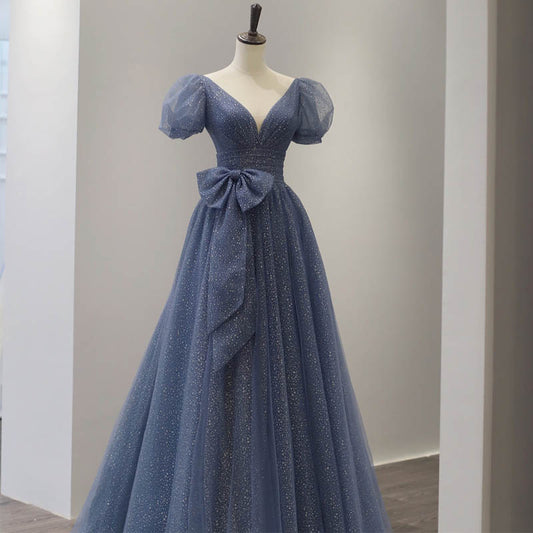 Blue tulle long A line prom dress blue evening dress  8865