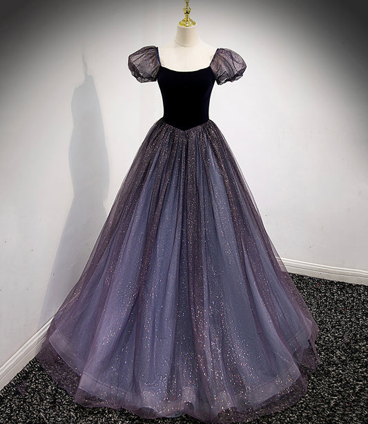 Black and purple tulle long prom dress evening dress  8879