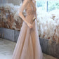 Champagne tulle sequins long A line prom dress evening dress  8683