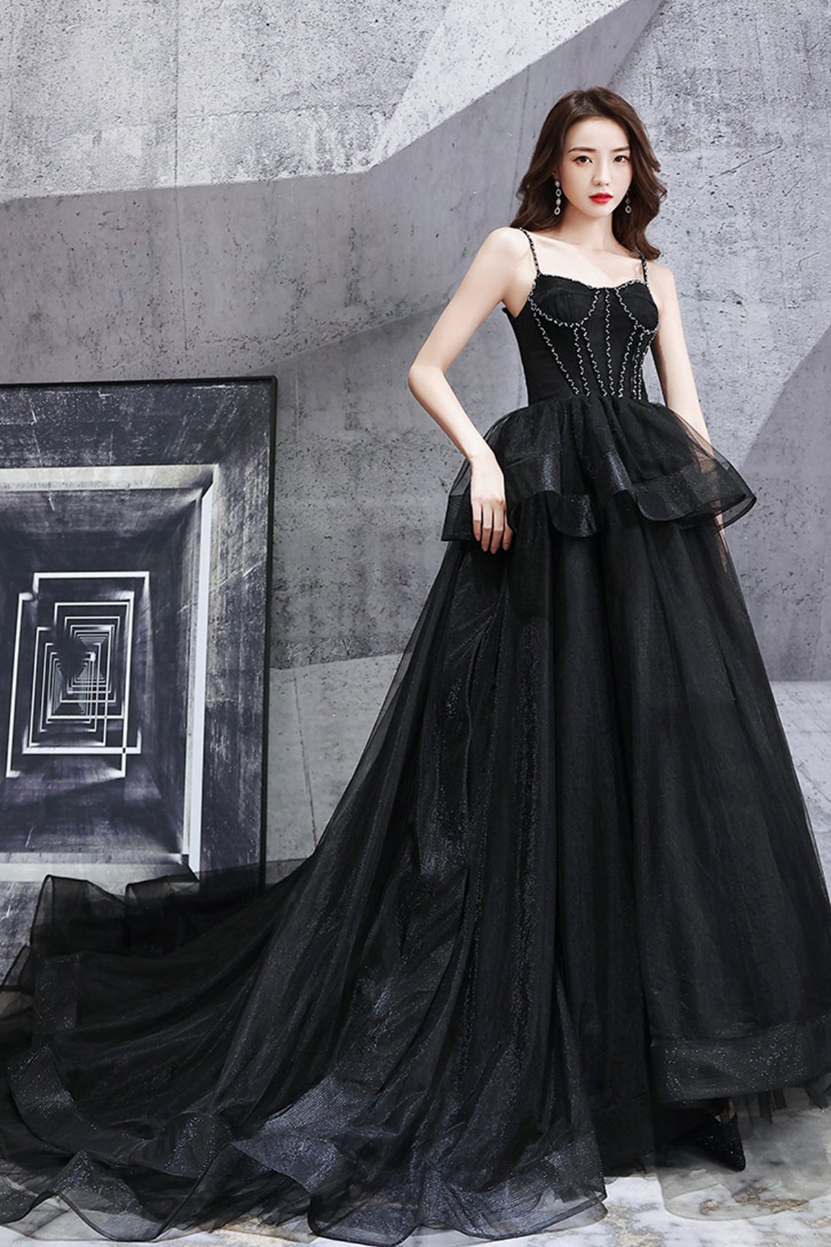 Langes Ballkleid aus schwarzem Tüll, schwarzes Abendkleid 8665