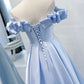 Blue satin long A line prom dress blue evening dress  8746