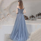 Blue tulle long prom dress blue evening dress  8628