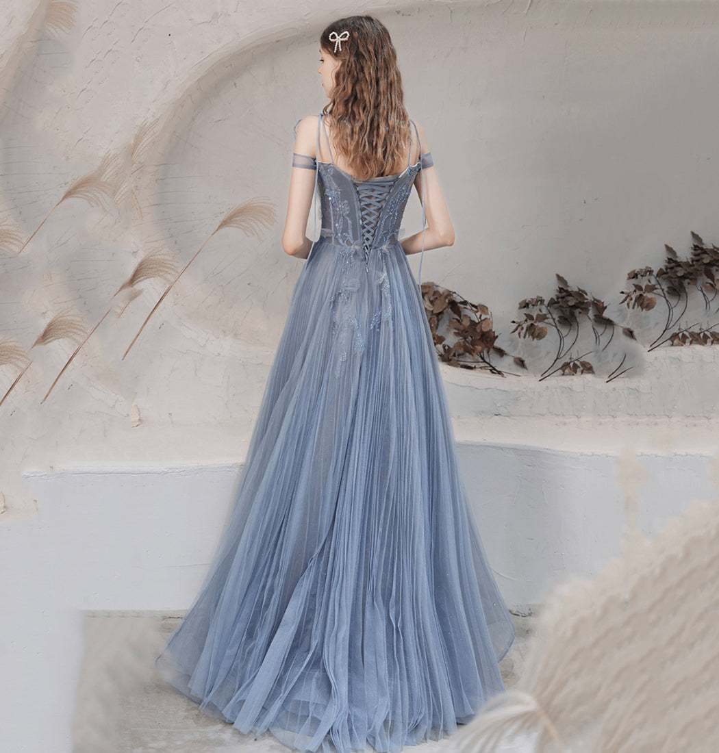 Blue tulle long prom dress blue evening dress  8628