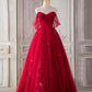 Red tulle long A line prom dress red evening dress 8800