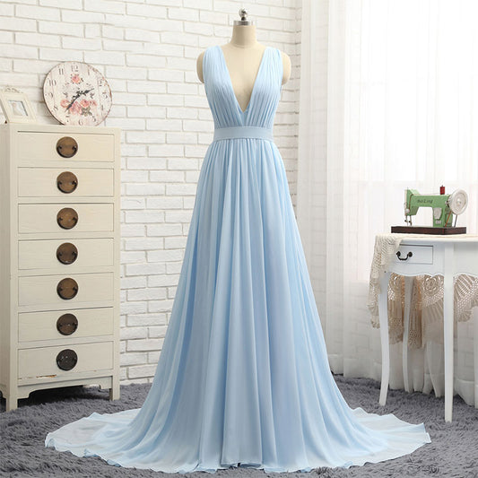 Light blue v neck chiffon long prom dress, evening dress  8129