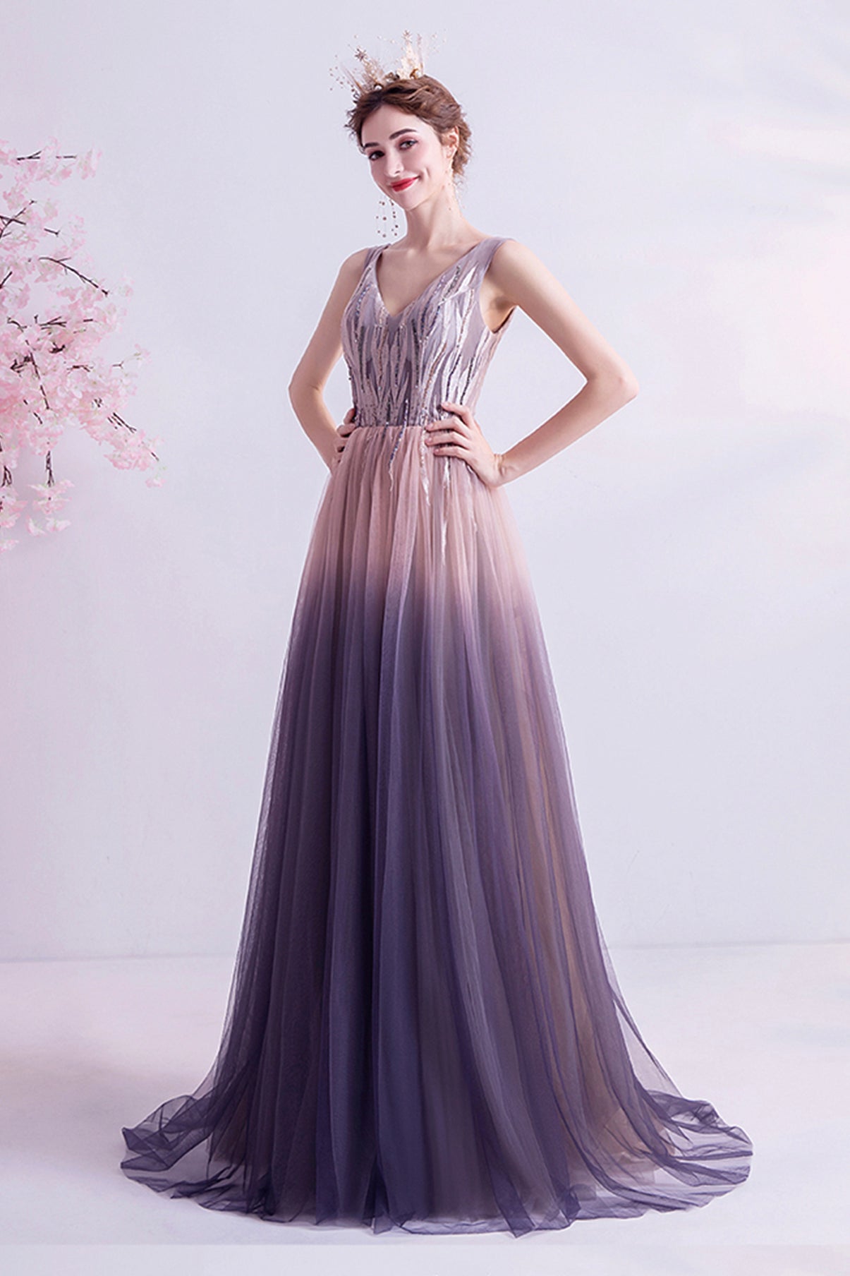 Purple gradient tulle long A line prom dress evening dress  8749